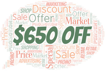 $650 Off word cloud. Wordcloud made with text only.