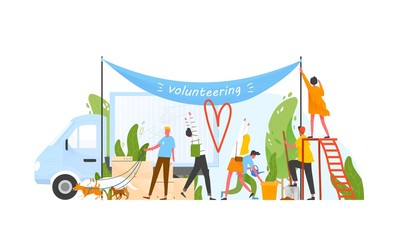 Composition with group of men and women volunteering, doing volunteer work or performing altruistic activities together - planting tree, walking dogs, hanging banner. Modern flat vector illustration.