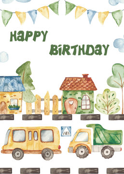 Watercolor congratulatory children's card for a boy with a city transport. Illustration for baby shower, posters, cards, invitations, greeting cards.