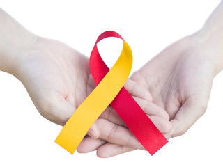World hepatitis day concept. Red and yellow ribbon awareness on hand isolated on white background for against Hepatitis C and HIV/HCV Co-Infection with clipping path. - obrazy, fototapety, plakaty