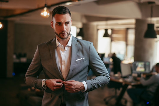 Portrait of attractive businessman in gray suit