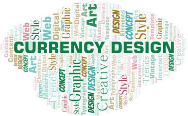 Obraz premium Currency Design word cloud. Wordcloud made with text only.