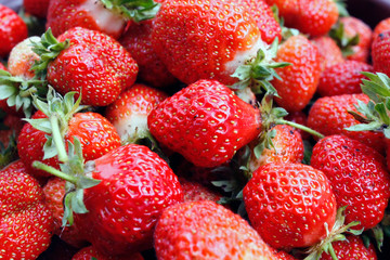 Strawberry. Macro of fresh organic red berries. Fruit background. Close-up.