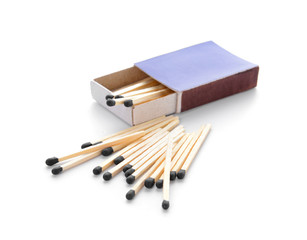 Box with matches on white background