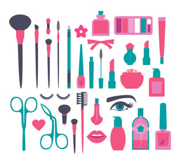 Make Up and Decorative Cosmetics Flat Set. Brusies, Eye Shadows, Lipstics, Nail Polish, Powder, Mascara, Perfume and Tweezers.