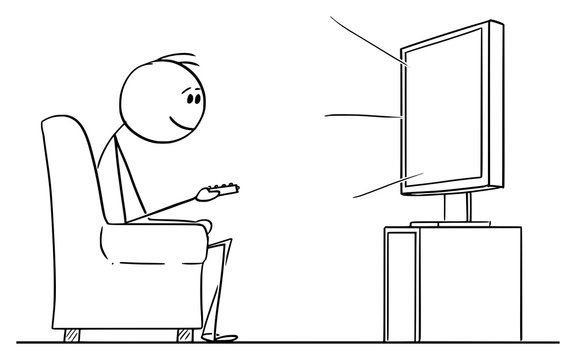 Vector cartoon stick figure drawing conceptual illustration of man sitting in armchair and enjoying watching entertainment on TV or television.