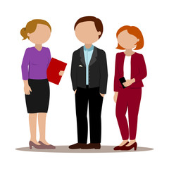 Office employees standing and talking. Vector illustration.