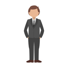 Employee in suit standing and keeping his hands in paints. Vector illustration.