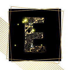 Golden Floral Ornamental Alphabet, Initial Letter E Font with Modern Stylized Frames. Abstract Lines Poster. Vector Typography Symbol for Gold Wedding. Monograms Isolated Design on Black Background