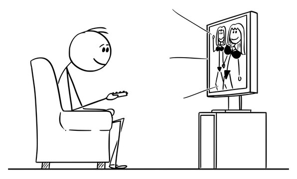 Vector cartoon stick figure drawing conceptual illustration of man sitting in armchair and enjoying watching women in lingerie or pornography or porn on TV or television.