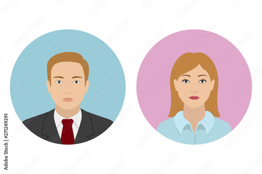 Poster Set of male and female icons. Caucasian man and woman. Vector.