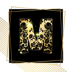 Golden Floral Ornamental Alphabet, Initial Letter M Font with Modern Stylized Frames. Abstract Lines Poster. Vector Typography Symbol for Gold Wedding. Monograms Isolated Design on Black Background