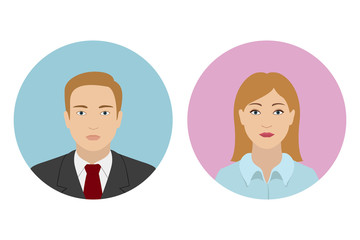 Set of male and female icons. Caucasian man and woman. Vector.