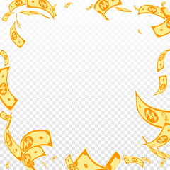 Korean won notes falling. Random WON bills on tran