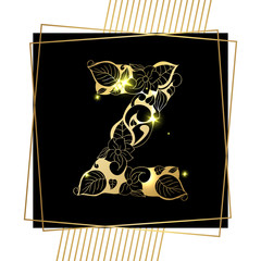 Golden Floral Ornamental Alphabet, Initial Letter Z Font with Modern Stylized Frames. Abstract Lines Poster. Vector Typography Symbol for Gold Wedding. Monograms Isolated Design on Black Background