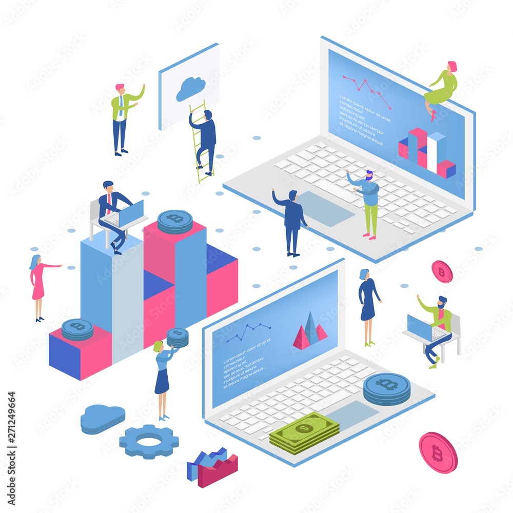 Poster blockchain modern flat design isometric concept. cryptocurrency and people concept. landing page tem