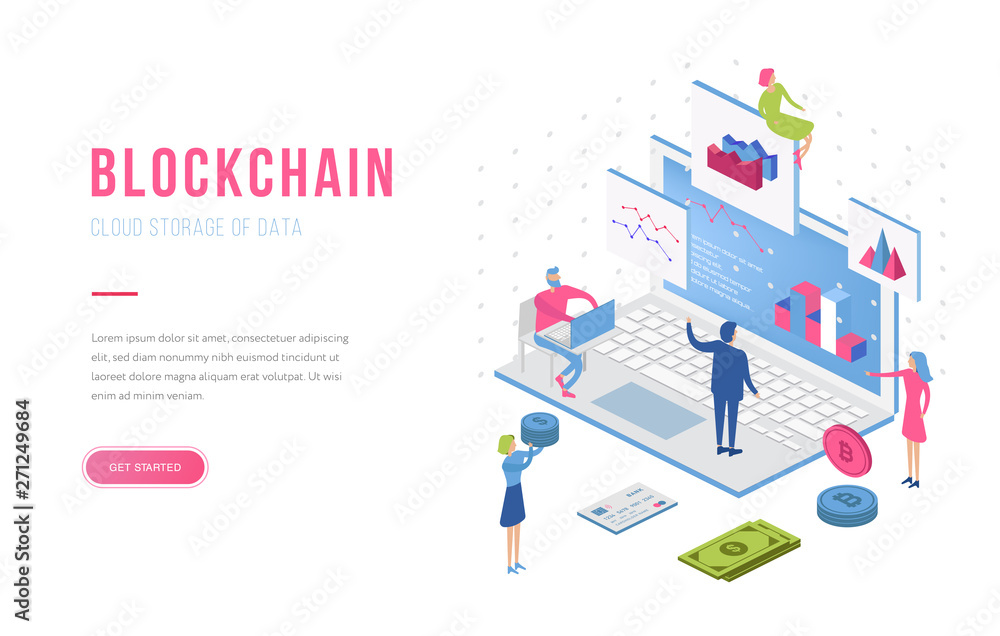 Poster blockchain modern flat design isometric landing page template. cryptocurrency and people concept. la