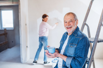 Obraz premium Senior couple painting walls in new home, relocation concept.