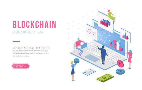 Blockchain modern flat design isometric landing page template. Cryptocurrency and people concept. Landing page template. Conceptual isometric vector illustration for web and graphic design.