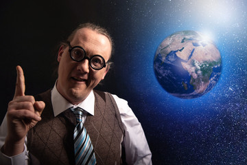 Funny scientist looking to universe and planet earth