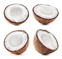 Coconut slice front view and coconut slice side view set. Coconut isolate on white.