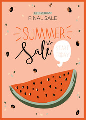 Summer sale background with trendy lettering. Abstract universal art template for web, card, poster, sticker, banner, invitation, flyer, brochure. Vector illustration