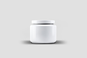 White glossy Jar with lid isolated on soft gray background. Photo-realistic packaging Mock up template.3D rendering