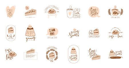 Set logotype for restaurant and cafe menu design. Vector logo template. Food icon, sweets, drinks, fast food with trendy lettering. Scandinavian illustration in simple black and white line style.