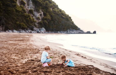 Two toddler children playing on sand beach on summer holiday.