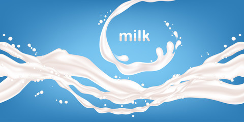 Milk splashes isolated on blue background. Horizontal seamless pattern. The right and left sides of the illustration seamlessly fit together. Realistic vector illustration