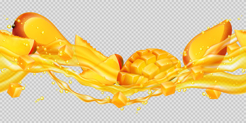 Transparent juice splash with mango. Horizontal splashes pattern and fruit mango. The right and left sides of the illustration seamlessly fit together. Realistic vector illustration.
