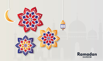Ramadan Kareem Design with Crescent Moon, Geometric Flower, Mosque, Lantern. Islamic Background - Vector