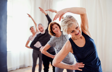 Group of senior people doing exercise in community center club.