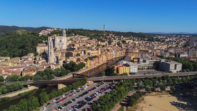 Aerial view in Girona, city of Catalonia,Spain. Drone Photo