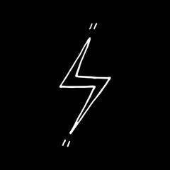 Cute cartoon hand drawn lightning symbol. Sweet vector black and white lightning symbol. Isolated monochrome doodle lightning symbol on black background.