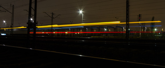 A long exposure photo of a moving train.