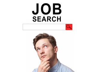 Young man with surprised eyes peeking out from behind billboard on inscription "Job search".