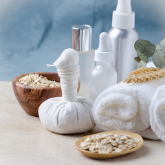 Set of cosmetic products with oat  flakes for sensitive skin care, SPA Beauty concept