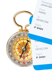 Time to Travel. Idea for tourism with ticket and compass isolated. Concept on the theme of flights