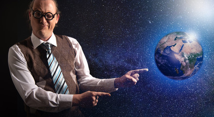 Fototapeta na wymiar Funny scientist looking to universe and planet earth