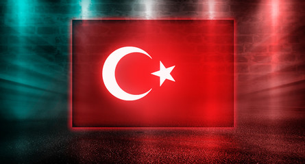 Turkish national flag on abstract background. Abstract festive background with neon flag of Turkey.