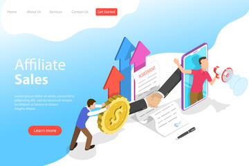 Isometric flat vector landing page template of affiliate sales, marketing strategy, referral program, partnership agreement.