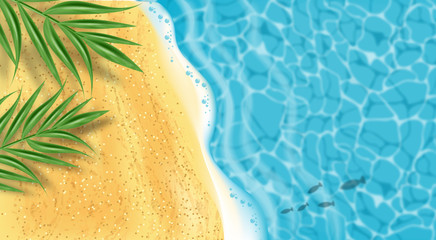 Seaside Vector realistic top view. Beach waves and palm leaves. 3d detailed backgrounds