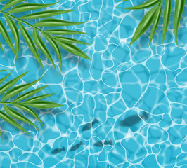 Blue water Vector realistic. Summer sea party poster template. Tropic palm leaves and fish silhouettes swimming backgrounds
