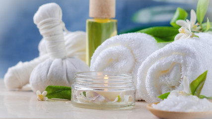 Set of cosmetic products with flowers of orange neroli for  skin care, SPA relax Beauty concept.