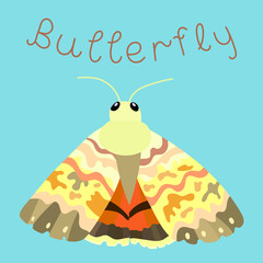 Cute colorful butterfly on the blue background. Cartoon vector card design with childish butterfly.
