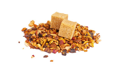 Mixture herbal floral fruit tea with petals, dry berries and fruits. Texsture