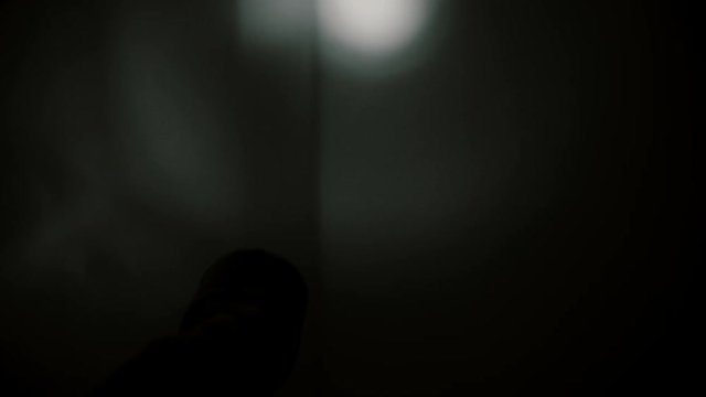 Creepy POV nightmare in a dark room. A man with a flashlight enters the room and encounters a monster who attacks him.