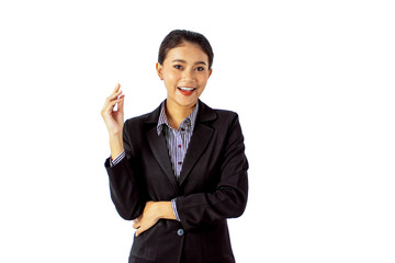 Portrait asian beauty business woman isolated white background.female holding blank card