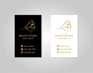 Business card template with a beautiful girl in the style of outline. Minimalistic gold style line